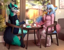  ailurid anthro bloominglynx blue_hair cafe canid canine clothed clothing date dessert digital_media_(artwork) duo female female/female food footwear hair hi_res ice_cream inside legwear long_hair mammal nurah red_panda shaded socks sweater thigh_highs thigh_socks topwear 