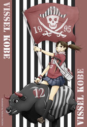  artist_name bag black_eyes black_socks brown_footwear brown_hair bull copyright_name female flag handbag highres holding holding_flag j._league nose_piercing nose_ring piercing ponytail red_flag red_wristband riding riding_animal scarf short_sleeves skirt skull_and_crossbones smile socks striped striped_background takada_katsura vissel_kobe 