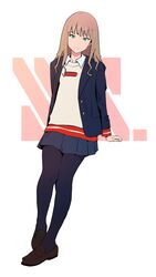  absurdres arm_support black_pantyhose blazer breasts brown_hair female full_body green_eyes gridman_universe highres jacket long_hair long_sleeves looking_at_viewer minami_yume pantyhose psylduck school_uniform skirt solo standing 