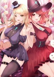  2girls absurdres alternate_costume blonde_hair bob_cut breasts chest_jewel dress halloween halloween_costume hat highres long_dress long_hair multiple_girls mythra_(xenoblade) pyra_(xenoblade) red_eyes red_hair risumi_(taka-fallcherryblossom) short_hair swept_bangs very_long_hair witch witch_hat xenoblade_chronicles_(series) xenoblade_chronicles_2 yellow_eyes 