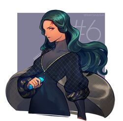  almedha black_hair breasts closed_mouth colored_skin facial_mark female fire_emblem fire_emblem:_radiant_dawn highres holding large_breasts long_hair looking_at_viewer orange_skin red_eyes silvercandy_gum simple_background turtleneck upper_body 