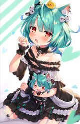  2girls :d absurdres animal_ear_fluff animal_ears aqua_hair black_ribbon blunt_bangs cat_ears cat_girl collarbone detached_collar ear_piercing fingernails flat_chest garter_straps hair_ornament hair_ribbon highres hololive jitome looking_at_viewer mini_person minigirl multiple_girls oerba_yun_fang off_shoulder official_alternate_costume open_mouth paw_pose piercing pink_nails piyoko_(uruha_rushia) piyoyanagi red_eyes ribbon sitting skull_hair_ornament smile thighhighs uruha_rushia uruha_rushia_(3rd_costume) virtual_youtuber white_thighhighs 