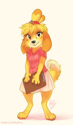  2020 animal_crossing anthro blonde_hair bottomwear canid canine canis clipboard clothed clothing dated domestic_dog eyelashes female front_view full-length_portrait fur glistening glistening_eyes hair hair_bell hi_res holding_clipboard holding_object isabelle_(animal_crossing) looking_at_viewer mammal monotone_bottomwear monotone_clothing monotone_skirt mylafox nintendo orange_body orange_eyes orange_fur pink_clothing pink_topwear portrait signature simple_background skirt smile solo standing text topwear url white_background white_bottomwear white_clothing white_skirt yellow_body yellow_fur 