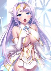  arm_at_side bare_shoulders blue_eyes blue_ribbon blush bow breast_curtains breasts cleavage clothing_cutout commentary_request commission cowboy_shot diamond_(houseki_hime) elbow_gloves eyelashes female flower gloves hair_flower hair_intakes hair_ornament hairbow hand_up headpiece houseki_hime indoors large_breasts light_purple_hair light_rays long_hair looking_at_viewer midriff navel navel_cutout neck_ribbon open_mouth orange_bow revealing_clothes ribbon shiny_skin skeb_commission solo standing straight_hair sunbeam sunlight swept_bangs teeth upper_teeth_only very_long_hair white_bow white_flower white_gloves window zen_(kamuro) 