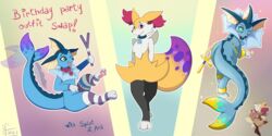  2:1 absurd_res accessory ankh apparel aru_(furry_in_a_hurry) birthday braixen clothing collar costume eevee eeveelution egyptian english_text footwear furry_in_a_hurry garter generation_1_pokemon generation_6_pokemon hi_res nintendo pawpads paws pokemon pokemon_(species) simple_background socks sparkles splateon_(splishsplat) tail text tiru_summers uto_(utopianvee) vaporeon vulpix wand 