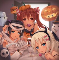  1boy 3girls admiral_(kancolle) alternate_costume aqua_eyes bandaged_arm bandages black_hair black_hairband blonde_hair blue_eyes blush bow breasts brown_eyes brown_hair candy candy_bar candy_wrapper chupa_chups closed_mouth collarbone commentary dress fake_horns food ghost gloves grecale_(kancolle) green_eyes hair_between_eyes hair_ornament hair_ribbon hairband hairbow halloween halloween_costume happy_halloween harem hat highres holding holding_candy holding_food holding_lollipop horns jack-o&#039;-lantern k_jie kantai_collection libeccio_(kancolle) lollipop long_hair looking_at_viewer lying military military_uniform mouth_hold multiple_girls mummy mummy_costume naked_bandage naval_uniform official_alternate_costume on_stomach open_mouth orange_shorts pink_bow pov pumpkin pumpkin_hat red_eyes ribbon sarashi scirocco_(kancolle) scythe short_hair shorts skull_hair_ornament smile snickers_(brand) straight swirl_lollipop symbol-only_commentary tongue tongue_out twintails two_side_up uniform witch_hat wrapped_candy 