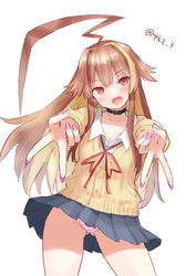  ahoge alternate_costume brown_eyes brown_hair cardigan collared_shirt commentary_request double_v dress_shirt female grey_skirt gyaru_v highres huge_ahoge kantai_collection kuma_(kancolle) long_hair neck_ribbon oerba_yun_fang one-hour_drawing_challenge open_mouth panties pink_panties red_ribbon ribbon school_uniform shirt simple_background skin_fang skirt smile solo tetsukuzu_(yajirushi_shita) underwear v white_background white_shirt yellow_cardigan 