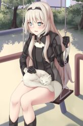  act_(xadachit) an-94_(girls&#039;_frontline) black_gloves blue_eyes blush clip_studio_paint_(medium) feline female girls&#039;_frontline gloves hairband highres long_hair long_sleeves open_mouth outdoors sitting solo swing tree white_hair 