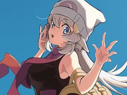  animal_ear_fluff animal_ears beanie black_shirt blue_background breasts cosplay dawn_(pokemon) dawn_(pokemon)_(cosplay) female franziska_van_wulfen from_side grey_hair hat highres indie_virtual_youtuber long_hair looking_at_viewer medium_breasts open_hands open_mouth pokemon pokemon_(game) pokemon_dppt red_scarf scarf sheep_ears shirt sleeveless sleeveless_shirt solo van_wulfen virtual_youtuber white_headwear 