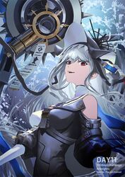  :d arknights bare_shoulders black_dress breasts clothing_cutout dress grey_hair hair_between_eyes hat highres long_hair looking_at_viewer makkuro medium_breasts open_mouth red_eyes shoulder_cutout smile specter_(arknights) specter_the_unchained_(arknights) upper_body 