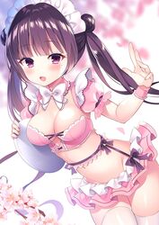  armpit_cutout black_hair blush bow bowtie breasts cherry_blossoms cleavage clothing_cutout crop_top detached_collar female flower frills garter_belt groin hand_up holding long_hair looking_at_viewer maid maid_headdress medium_breasts microskirt midriff mole mole_under_eye nanohana_kohina navel open_mouth original pink_flower pink_shirt pink_skirt purple_eyes shion_(tougetsu_hajime) shirt skirt smile solo stomach thighhighs thighs tray twintails very_long_hair white_thighhighs wrist_cuffs zettai_ryouiki 