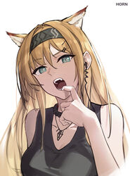  absurdres animal_ears arknights bare_shoulders black_choker black_hairband blonde_hair blue_eyes breasts character_name choker cleavage commentary female hair_between_eyes hairband highres horn_(arknights) large_breasts long_hair looking_at_viewer oerba_yun_fang open_mouth simple_background snowcatming solo upper_body white_background wolf_ears 