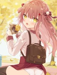  :o ass backpack bag black_thighhighs brown_hair clothes_lift collared_shirt commentary female food food_on_face frilled_shirt_collar frills from_behind ginkgo_leaf ginkgo_tree hair_rings holding holding_food hoshi_(snacherubi) leaf long_hair looking_at_viewer looking_back open_mouth original panties red_skirt roasted_sweet_potato shirt sitting skirt skirt_lift solo steam sweet_potato thighhighs underwear very_long_hair white_panties white_shirt yellow_eyes 