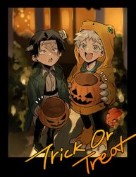  2boys agumon agumon_(cosplay) black_eyes black_hair black_pants blue_eyes blue_shirt collared_shirt commentary cosplay digimon ear_piercing english_commentary full_body getou_suguru gojou_satoru green_jacket halloween halloween_bucket halloween_costume highres hood hood_up hoodie jack-o&#039;-lantern jacket jujutsu_kaisen lolicon long_sleeves looking_at_viewer male_focus multiple_boys object_through_head open_mouth orange_footwear orange_hoodie outdoors pants piercing screw_in_head shirt short_hair sleeves_past_wrists standing stitches teeth trick-or-treating trick_or_treat upper_teeth_only white_hair white_shirt xxgojoxx 