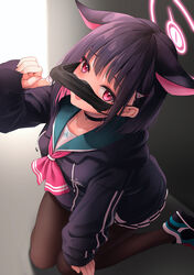  animal_ears awa_yume black_choker black_hair black_jacket black_mask blue_archive blush brown_pantyhose cat_ears choker colored_inner_hair commentary_request female green_sailor_collar hair_ornament hairclip halo highres hood hooded_jacket jacket kazusa_(blue_archive) long_sleeves looking_at_viewer mask mask_pull mouth_mask multicolored_hair open_mouth paid_reward_available pantyhose pink_hair pink_halo red_eyes sailor_collar shoes short_hair solo 