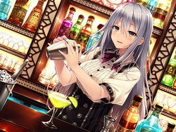  alcohol bartender blush bottle cocktail_glass cocktail_shaker cup drinking_glass dutch_angle female food fruit grey_hair hazumi highres ice_bucket indoors lime_(fruit) lime_slice long_hair looking_at_viewer original purple_eyes short_sleeves solo tongs tumbler upper_body very_long_hair 