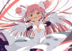  :d backlighting blurry blush breasts choker clothing_cutout collarbone commentary depth_of_field dot_nose dress female floating_hair frilled_sleeves frills gloves hair_ribbon half-closed_eyes highres kaname_madoka kirikuchi_riku light_particles light_smile long_dress long_hair looking_at_viewer mahou_shoujo_madoka_magica mahou_shoujo_madoka_magica_(anime) open_mouth outstretched_arms palms pink_hair protected_link ribbon signature simple_background small_breasts smile solo sparkle straight_hair symbol-only_commentary two_side_up ultimate_madoka underboob underboob_cutout upper_body very_long_hair white_background white_choker white_dress white_gloves white_ribbon wide_sleeves yellow_eyes 