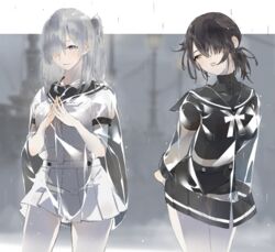  2girls adapted_costume alternate_costume black_hair black_sailor_collar black_serafuku black_skirt black_vs_white clip_studio_paint_(medium) commentary_request cowboy_shot grey_eyes grey_hair hair_flaps hair_over_one_eye hatsuzuki_(kancolle) kantai_collection long_hair looking_at_viewer multiple_girls neckerchief neko_(ganecooo) one_side_up pantyhose photoshop_(medium) pleated_skirt rain raincoat sailor_collar school_uniform see-through serafuku short_hair skirt suzutsuki_(kancolle) transparent_raincoat wet white_legwear white_neckerchief white_serafuku white_skirt yellow_eyes 