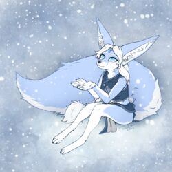  1:1 2023 anthro blokfort blue_body blue_eyes canid canine clothed clothing female fennec_fox fox fur hair hi_res kalta_(blokfort) mammal simple_background sitting snow snowing true_fox white_body white_hair 