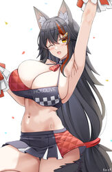  animal_ear_fluff animal_ears arm_up armpits black_hair breasts cheerleader cleavage confetti cowboy_shot female hair_between_eyes halterneck highres holding holding_pom_poms hololive huge_breasts keenh long_hair looking_at_viewer low-tied_long_hair microskirt millennium_cheerleader_outfit_(blue_archive) multicolored_hair navel one_eye_closed ookami_mio open_mouth orange_eyes pom_pom_(cheerleading) race_queen skindentation skirt smile solo standing standing_on_one_leg streaked_hair very_long_hair virtual_youtuber wolf_ears 