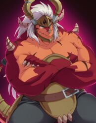  2_horns anthro biceps bushiroad dragon drum&#039;s_father future_card_buddyfight hair hi_res horn male muscular muscular_anthro muscular_male mythological_creature mythological_scalie mythology pecs scalie scar solo steen tail white_hair 