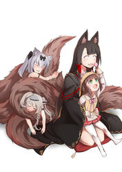  4girls akagi_(azur_lane) animal_ear_fluff animal_ears azur_lane black_kimono bow braid brown_hair candy cat_ears ears_through_headwear eyeliner eyeshadow food fox_ears fox_girl fox_tail grey_hair hairbow hat highres holding holding_candy holding_food holding_lollipop hugging_another&#039;s_tail hugging_object hugging_tail japanese_clothes kimono kindergarten_uniform kitsune lollipop makeup mechanical_ears multiple_girls multiple_tails mutsuki_(azur_lane) mutsuki_(retrofit)_(azur_lane) pillow red_eyes school_hat short_hair side_braid steed_(steed_enterprise) tail wolf_ears wolf_girl yukikaze_(azur_lane) yuudachi_(azur_lane) 