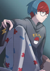  arm_support black-framed_eyewear can closed_mouth commentary_request female fuji_ibuki glasses green_background grey_eyes grey_pantyhose highres holding holding_can hood hood_down hoodie long_sleeves looking_to_the_side minus_sign pantyhose penny_(pokemon) plus_sign poke_ball_print pokemon pokemon_sv print_pantyhose red_hair see-through see-through_skirt short_hair sitting skirt solo 