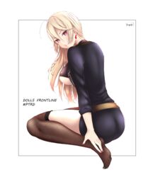  absurdres alternate_costume artist_name ass black_thighhighs blonde_hair breasts character_name commentary_request copyright_name dress earrings female fishnet_thighhighs fishnets girls&#039;_frontline highres ikaika jewelry long_hair looking_at_viewer looking_back mole mole_under_eye nail_polish ptrd_(girls&#039;_frontline) purple_eyes red_nails seiza simple_background sitting solo thighhighs thighs 