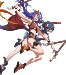  2girls ahoge armpits ass bare_shoulders belt blue_hair braid breasts collarbone dual_wielding fingerless_gloves fire_emblem fire_emblem:_radiant_dawn fire_emblem_awakening fire_emblem_heroes flower full_body gloves green_eyes hairband hibiscus highres holding holster long_hair looking_away lucina_(fire_emblem) lucina_(summer)_(fire_emblem) marth_(fire_emblem_awakening) mask medium_breasts mia_(fire_emblem) mia_(summer)_(fire_emblem) multiple_girls navel non-web_source official_art open_mouth sandals see-through short_hair small_breasts stomach swimsuit thigh_holster thighs tied_hair transparent_background wristband yoneyama_mai 