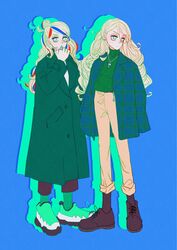  2girls alternate_costume anno88888 aqua_eyes bad_id bad_twitter_id blonde_hair blue_background blue_hair breasts brown_footwear closed_mouth coat commandant_teste_(kancolle) full_body green_footwear green_sweater hair_bun highres jacket jacket_on_shoulders jewelry kantai_collection long_hair long_sleeves multicolored_hair multiple_girls necklace outline pants red_hair richelieu_(kancolle) ring simple_background single_hair_bun socks standing streaked_hair sweater turtleneck turtleneck_sweater 