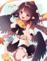  :d bird_wings black_bow black_hair black_skirt blush bow bowtie commentary female hat holding holding_leaf leaf leaf_print looking_at_viewer medium_hair orange_eyes petticoat pointy_ears pom_pom_(clothes) puffy_short_sleeves puffy_sleeves red_hat scarf shameimaru_aya shirt short_sleeves skirt smile solo standing standing_on_one_leg tokin_hat touhou touya_(konpekitou) white_shirt wings yellow_scarf 