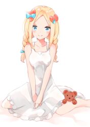  abigail_williams_(fate) absurdres bare_arms bare_shoulders bed_sheet blonde_hair blue_bow blue_eyes blush bow braid breasts closed_mouth collarbone commentary dress fate/grand_order fate_(series) female forehead frilled_dress frills hairbow highres long_hair looking_at_viewer low_twintails medium_breasts multiple_hair_bows parted_bangs red_bow simple_background sitting sleeveless sleeveless_dress smile solo stuffed_animal stuffed_toy teddy_bear twin_braids twintails white_background yukaa 