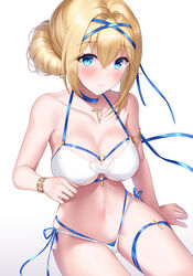  azur_lane bare_shoulders bikini blonde_hair blue_choker blue_eyes blue_ribbon blush bracelet breasts choker cleavage collarbone commentary_request cross cross_choker crossed_bangs female hair_bun hair_ribbon highres jeanne_d&#039;arc_(azur_lane) jeanne_d&#039;arc_(saintess_of_the_sea)_(azur_lane) jewelry large_breasts long_hair looking_at_viewer nekomori_caburi official_alternate_costume ribbon simple_background single_hair_bun smile solo swimsuit thighs white_background white_bikini 