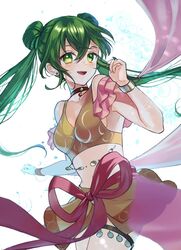  armpits bare_shoulders bracelet breasts choker commentary dancer dancing earrings female fire_emblem fire_emblem:_genealogy_of_the_holy_war green_eyes green_hair jewelry kiyuu looking_at_viewer medium_breasts open_mouth silvia_(fire_emblem) solo twintails upper_body 