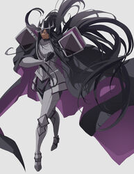  1boy absurdres armor black_hair collarbone colored_eyelashes cookie_run crown dark-skinned_male dark_cacao_cookie dark_skin highres humanization jojo05_rabbit09 long_hair male_focus mature_male purple_eyes serious solo turtleneck 