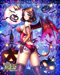  argyle argyle_background bare_shoulders bat blush breasts butt_crack company_name copyright_name crown demon_girl demon_horns demon_tail demon_wings eagle_db female fishnet_thighhighs fishnets frills full_moon halloween handcuffs horns jack-o&#039;-lantern jack-o&#039;-lantern_hair_ornament lace-trimmed_legwear leotard looking_at_viewer looking_back medium_breasts moon no_bra official_art parted_lips petals pumpkin_hair_ornament separated_legs short_hair solo standing star tagme tail 