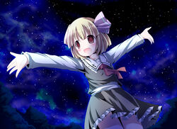  blonde_hair commentary_request dress female hair_ribbon kazura necktie night night_sky oerba_yun_fang outstretched_arms ribbon rumia short_hair sky smile solo spread_arms star_(sky) starry_sky touhou 