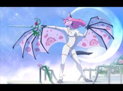  2016 aircraft airship animated anthro art_nouveau bat clothing crystal eye_patch eyewear female flower fur hair knight mammal melee_weapon membrane_(anatomy) membranous_wings moon nyxis petals pink_body pink_fur pink_hair plant purple_eyes realistic_wings rose_(flower) seyumei short_playtime solo sword uniform vehicle warrior weapon wings 