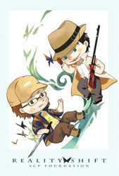  2boys alto_clef baseball_cap black_hair blue_eyes bug butterfly chibi clenched_hand commentary_request facial_hair glasses gloves gray-witch_hai_miko green_eyes gun hat heterochromia knife kondraki male_focus midriff multiple_boys navel popped_collar postcard scp-408 scp_foundation sharp_teeth teeth weapon 