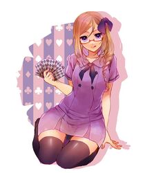  arm_behind_back axis_powers_hetalia bad_id bad_twitter_id bow braid card club_(shape) collarbone dress eikura_hana female glasses hair_over_shoulder hairbow heart holding holding_card light_brown_hair long_hair looking_at_viewer monaco_(hetalia) playing_card purple_bow purple_dress purple_eyes red-framed_eyewear sailor_dress short_dress silhouette simple_background single_braid sitting smile solo spade_(shape) thighhighs tongue tongue_out wariza white_background zettai_ryouiki 