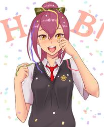  :d bad_id bad_pixiv_id blush bow commentary_request confetti female green_bow hairbow happy happy_birthday ibuki_imina looking_at_viewer necktie open_mouth ponytail purple_hair school_girl_strikers school_uniform shigatsugata smile solo tears vest wiping_tears yellow_eyes 