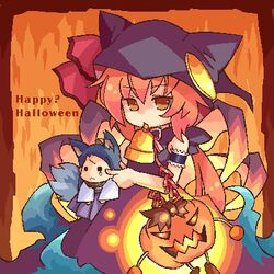  1boy animal_ears female fiery_background fire halloween happy_halloween jack-o&#039;-lantern jaggy_lines lowres orange_background pote_(ptkan) pumpkin ren_(sekaiju) sekaiju_no_meikyuu sekaiju_no_meikyuu_1 tlachtga 