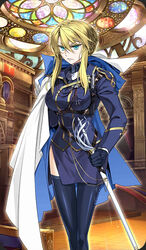  ahoge alternate_costume artoria_pendragon_(fate) artoria_pendragon_(lancer)_(fate) artoria_pendragon_(lancer)_(formal_dress)_(fate) black_gloves black_thighhighs blonde_hair braid breasts coat fate/grand_order fate_(series) female gloves green_eyes hair_between_eyes holding holding_weapon ishida_akira large_breasts long_hair looking_at_viewer military military_uniform official_art serious side_slit skirt solo standing sword thighhighs uniform unworn_coat weapon 