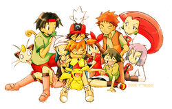  4girls 5boys artist_name bandana baseball_cap beanie blue_eyes blue_hair brown_hair closed_eyes dated dawn_(pokemon) everyone glasses gloves green_eyes grin hat headband hug james_(pokemon) jessie_(pokemon) kasumi_(pokemon) long_hair max_(pokemon) may_(pokemon) meowth multiple_boys multiple_girls on_head one_eye_closed open_mouth orange_hair pikachu pokemon pokemon_(anime) pokemon_(classic_anime) pokemon_(creature) pokemon_dppt_(anime) pokemon_on_head pokemon_rse_(anime) poketch ponytail red_hair satoshi_(pokemon) shorts siblings side_ponytail simple_background smile team_rocket team_rocket_uniform teppo togetic tracey_sketchit uniform watch white_background wristwatch 