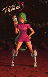  adapted_costume alternate_color alternate_costume alternate_hair_length alternate_hairstyle bad_deviantart_id bad_id bodysuit boots breasts clenched_teeth commentary emblem english_text female full_body green_hair gun hair_over_one_eye hand_on_own_hip handgun heart high_ponytail holding holding_weapon joakim_sandberg justin_bailey knee_boots legs_apart lips long_hair looking_to_the_side metroid metroid_(classic) narrow_waist parted_lips ponytail samus_aran shadow signature small_breasts solo space standing tan teeth turtleneck typo varia_suit weapon 