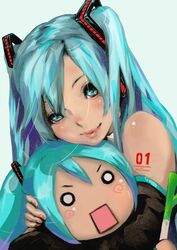  1ji45fun aqua_eyes aqua_hair commentary_request detached_sleeves female hachune_miku hatsune_miku hug lips long_hair looking_at_viewer smile twintails vocaloid 