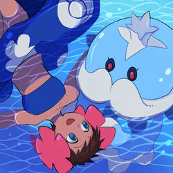  afloat black_sclera blue_eyes blue_sarong brown_hair colored_sclera commentary_request dark_skin female flower hair_flower hair_ornament jellicent jellicent_(male) looking_at_another midriff nora_(norabox) partially_submerged phoebe_(pokemon) pokemon pokemon_(creature) pokemon_rse print_sarong red_eyes sarong short_hair skirt smile strapless tube_top water 