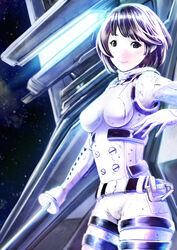  black_eyes black_hair bob_cut bodysuit breasts commentary_request female glowing highres hoshijiro_shizuka mecha medium_breasts morito_(sidonia_no_kishi) no_headwear ogata_sai photoshop_(medium) pilot_suit robot science_fiction short_hair sidonia_no_kishi smile solo space spacesuit star_(sky) sword uniform weapon white_bodysuit 