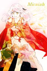  bare_shoulders birthmark book branded bridal_gauntlets character_name circlet collarbone commentary_request detached_sleeves dress earrings female fingerless_gloves fire_emblem fire_emblem:_radiant_dawn gloves hair_tubes highres holding holding_book jewelry long_hair micaiah_(fire_emblem) micaiah_(queen_of_dawn)_(fire_emblem) mito_(knptikmnwnk) open_mouth smile solo white_hair yellow_eyes 