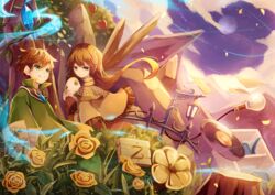  1boy anzi apple aqua_eyes brown_hair cape commentary_request female food fruit gem glowing lamp lanota light_bulb long_hair moon mountain record short_hair smile tree_stump wind 